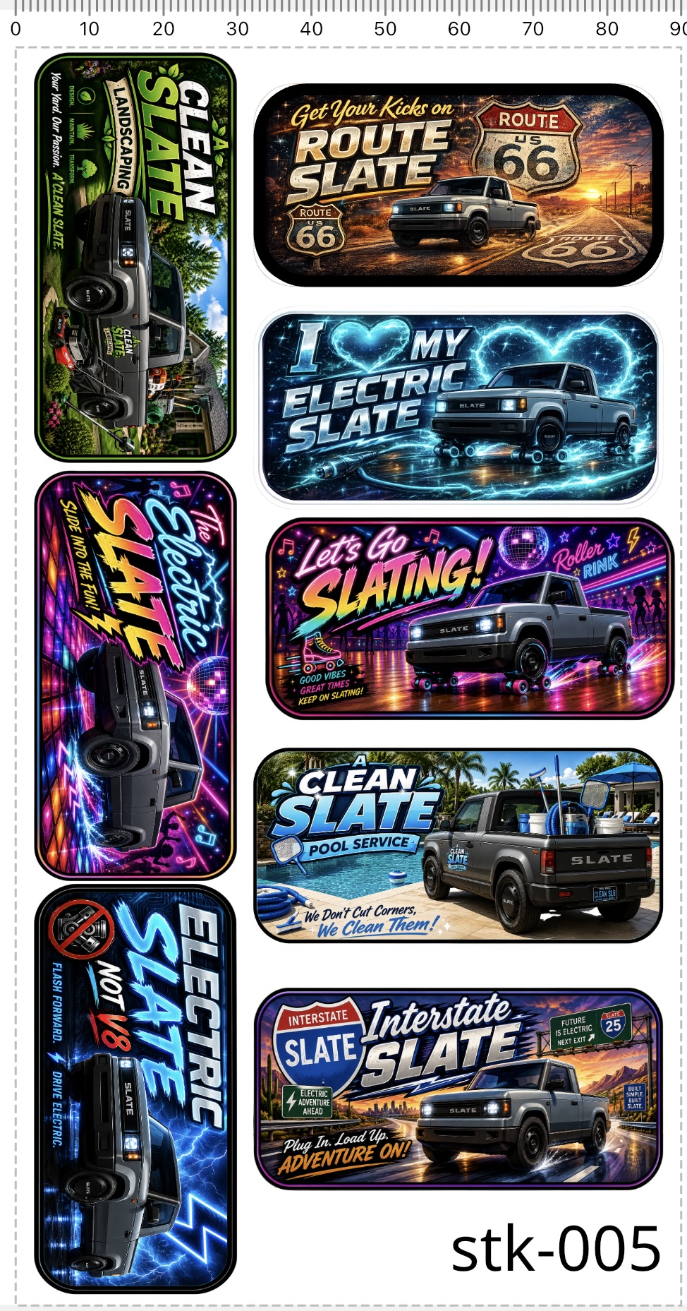 STK-005 sticker sheet with eight colorful Slate truck designs, including Route 66, Electric Slate, skating, pool service, and interstate themes