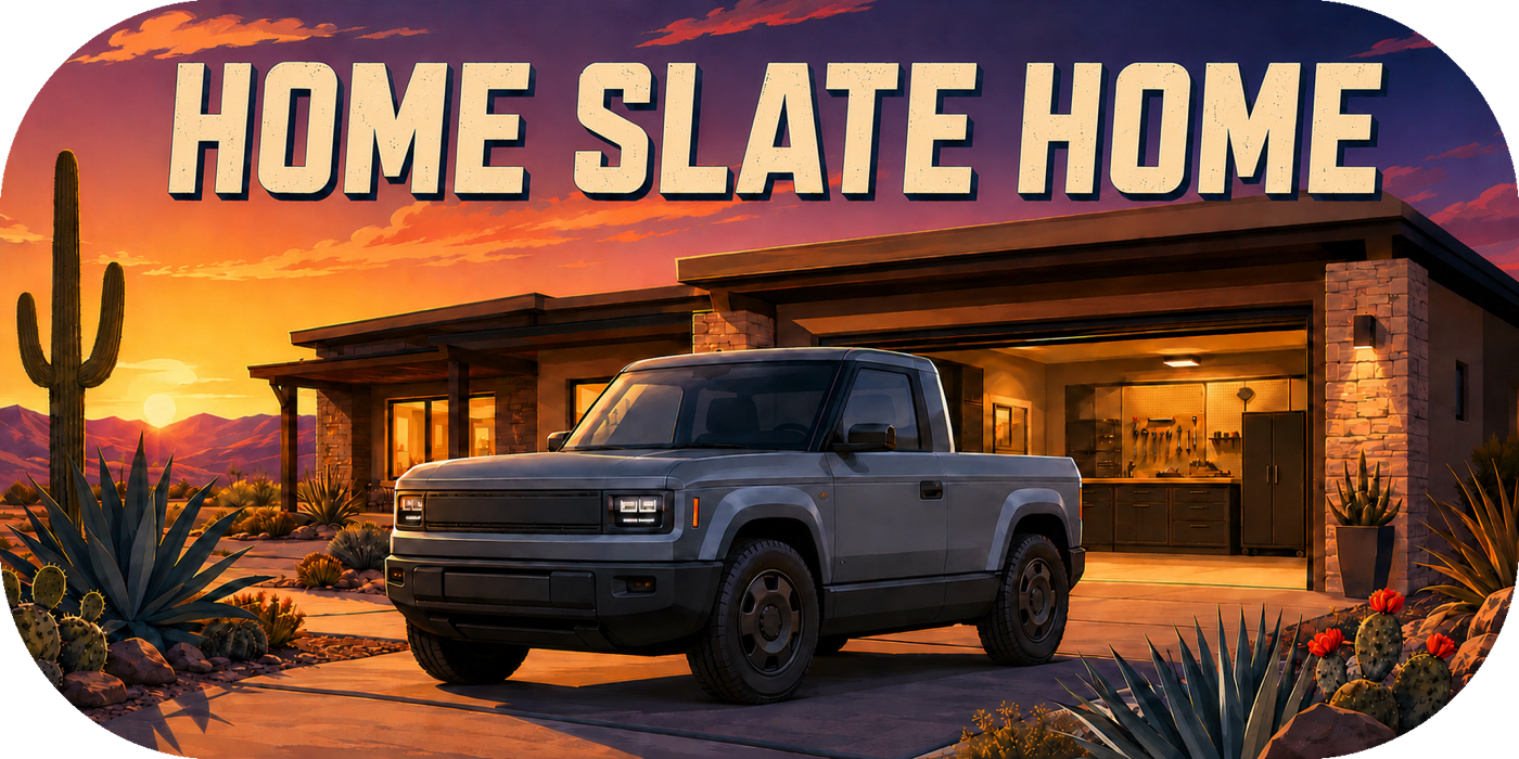 Home Slate Home sticker design with a truck parked outside a desert home at sunset