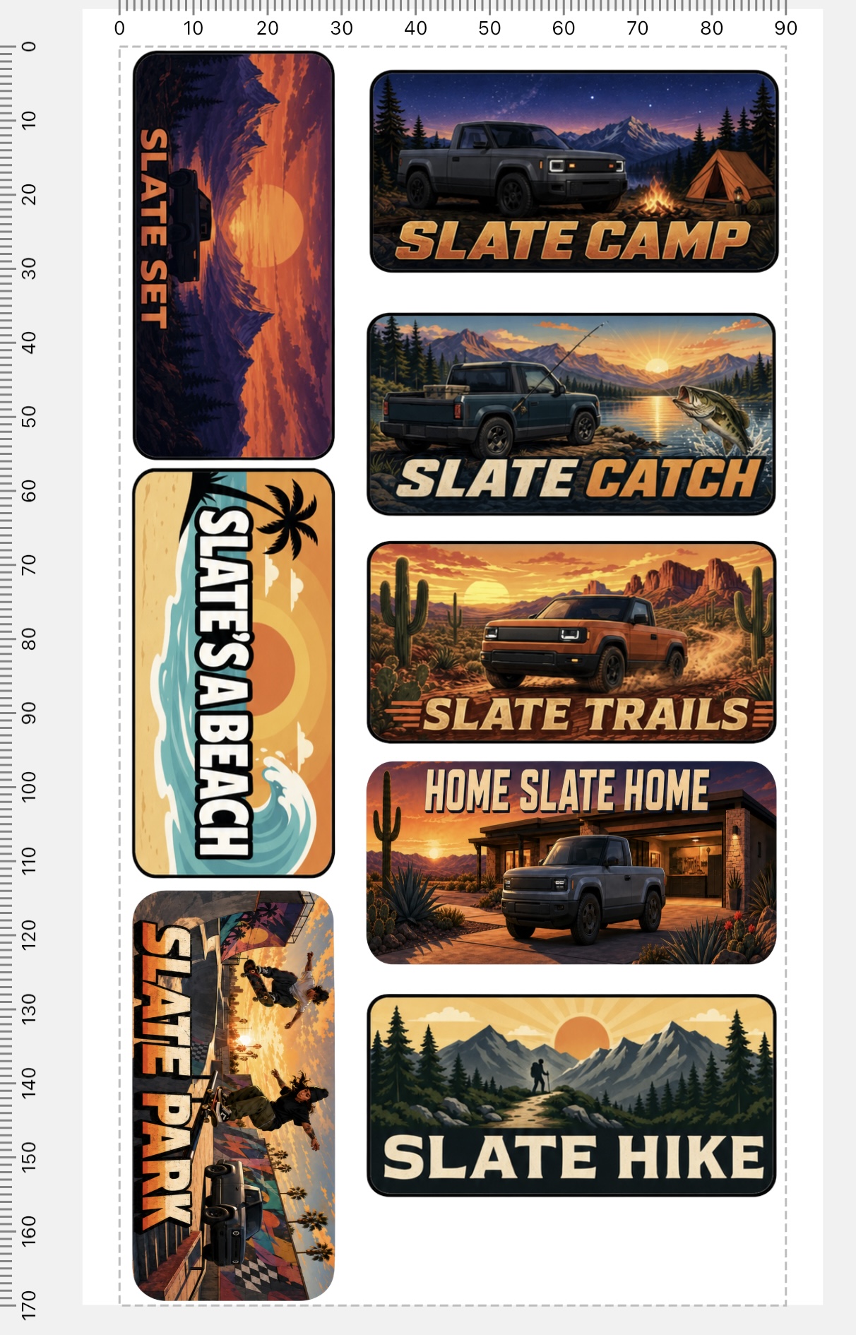 Updated Original Dash Badge Set sticker sheet with Slate Set, Slate Camp, Slate Catch, Slate's a Beach, Slate Trails, Home Slate Home, Slate Park, and Slate Hike designs