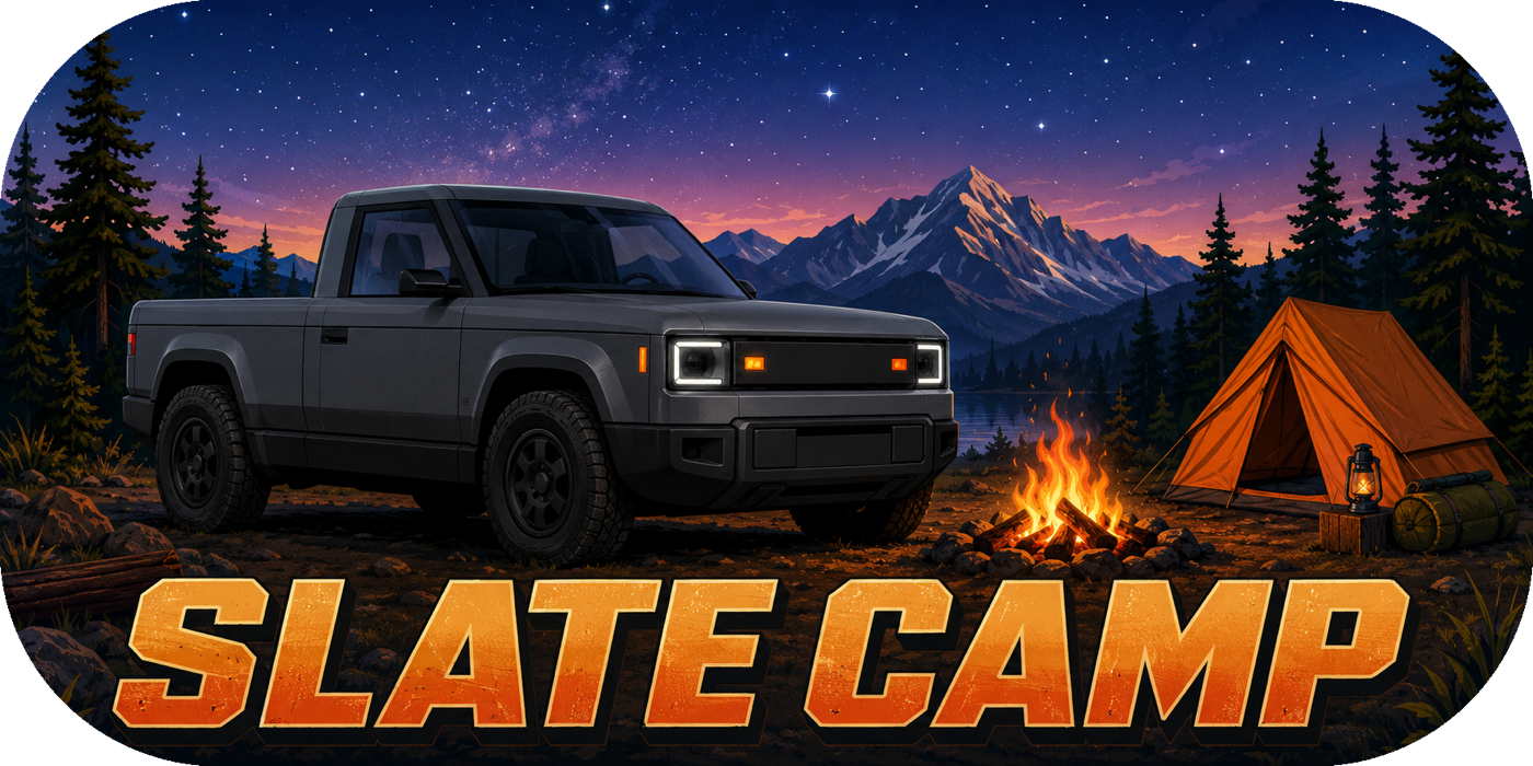 Slate Camp sticker design with a truck, mountain campsite, tent, and campfire