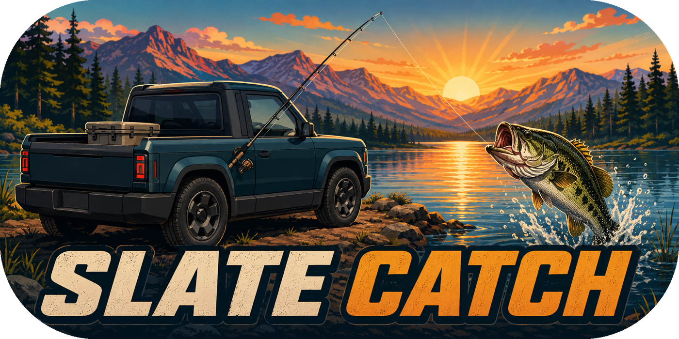 Slate Catch sticker design with a truck, mountain lake, fishing rod, and jumping bass
