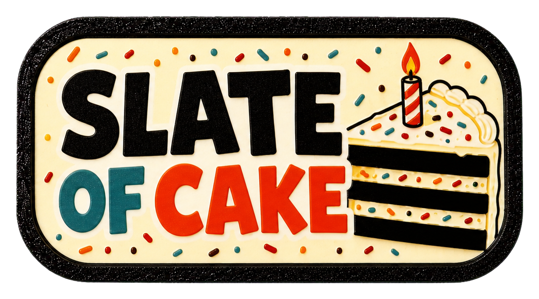 Front of the included 3D-printed accessory clip with the Slate of Cake design mounted