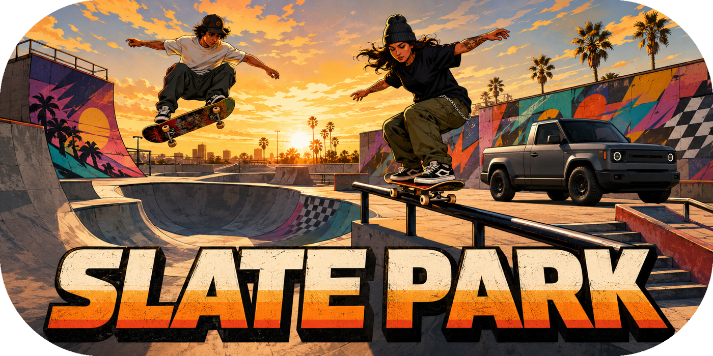 Slate Park sticker design with skateboarders, a truck, and a colorful skatepark