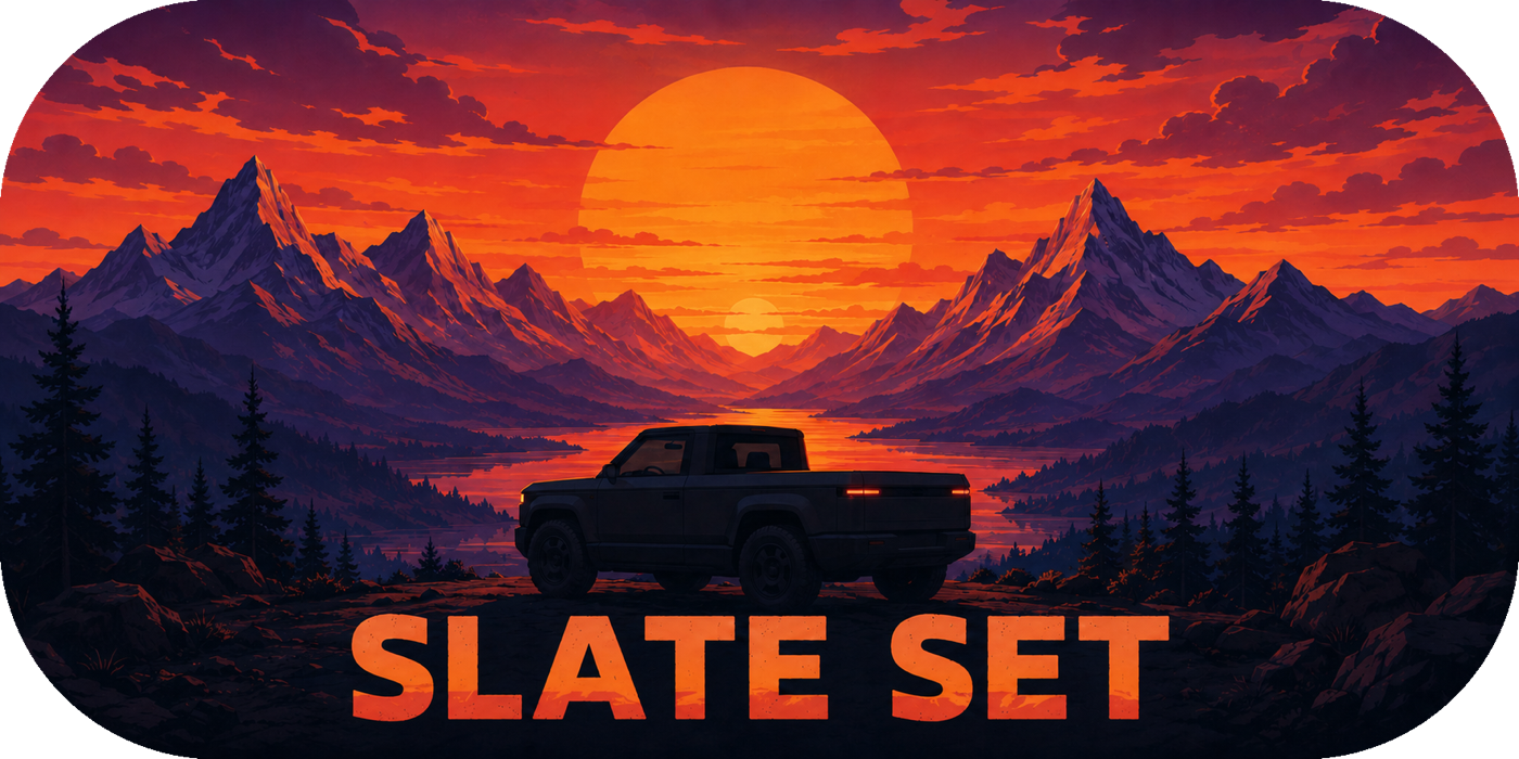 Slate Set sticker design with a truck silhouetted against a dramatic mountain sunset