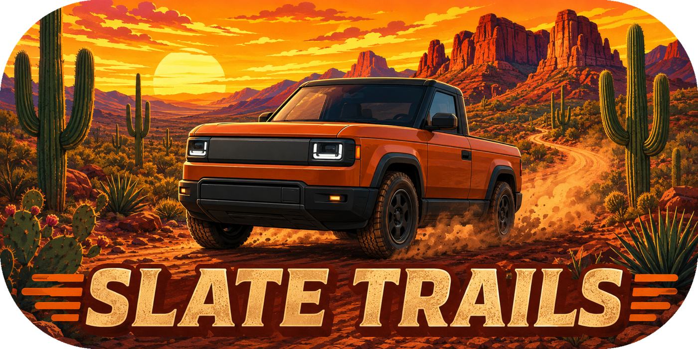Slate Trails sticker design with an orange truck driving through a desert landscape