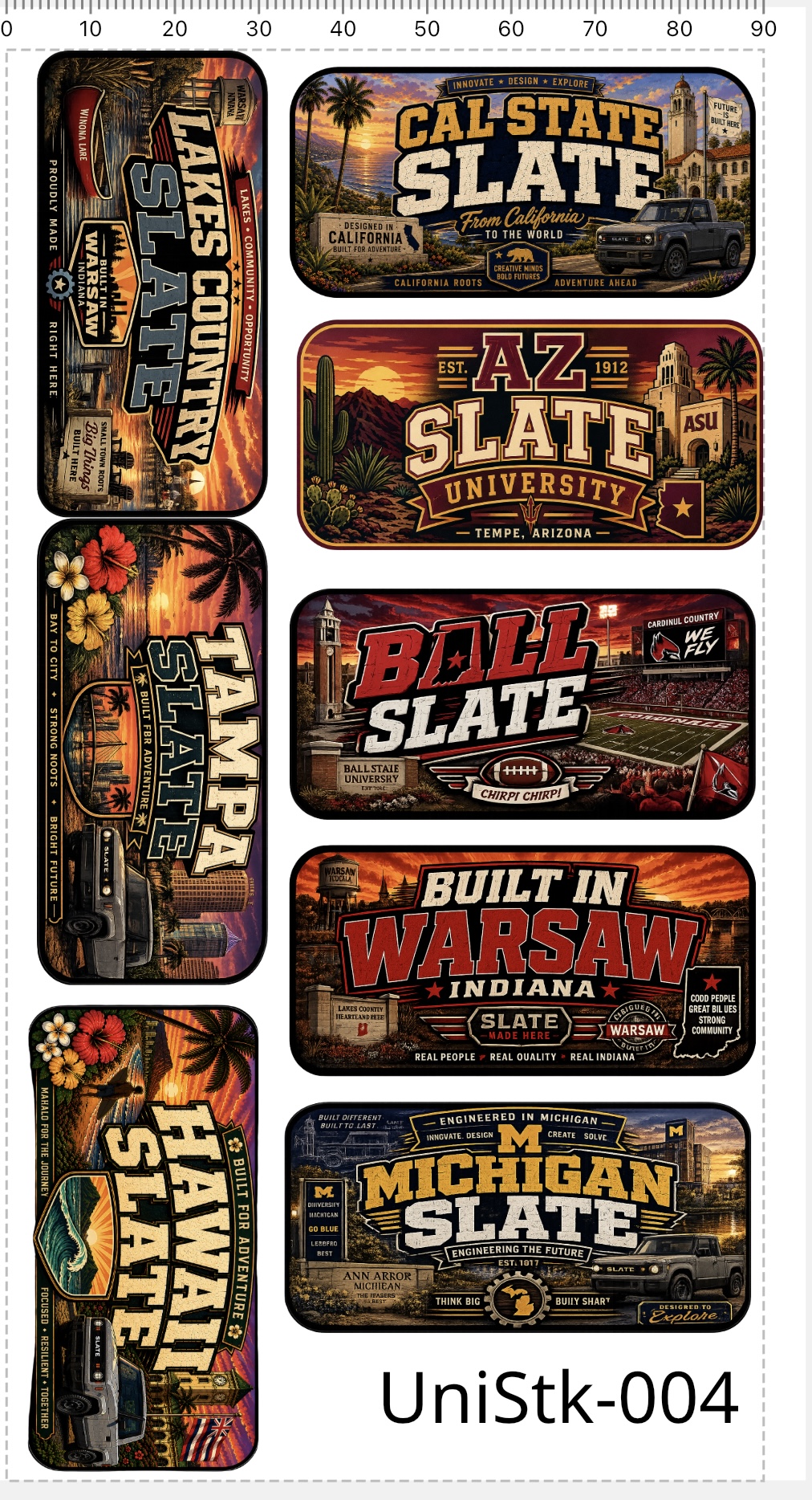 UniStk-004 University Slate sticker sheet featuring Lakes Country, Cal State, Arizona State, Tampa, Ball State, Warsaw, Michigan, and Hawaii designs