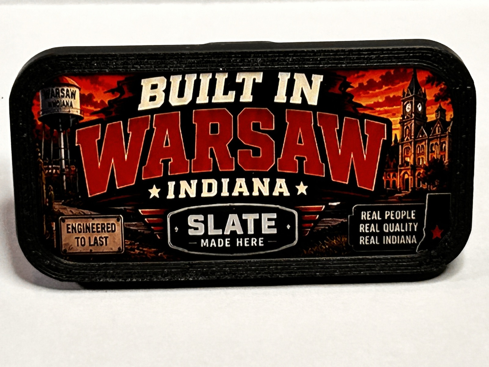 Front view of the accessory clip with the Built in Warsaw Indiana sticker installed