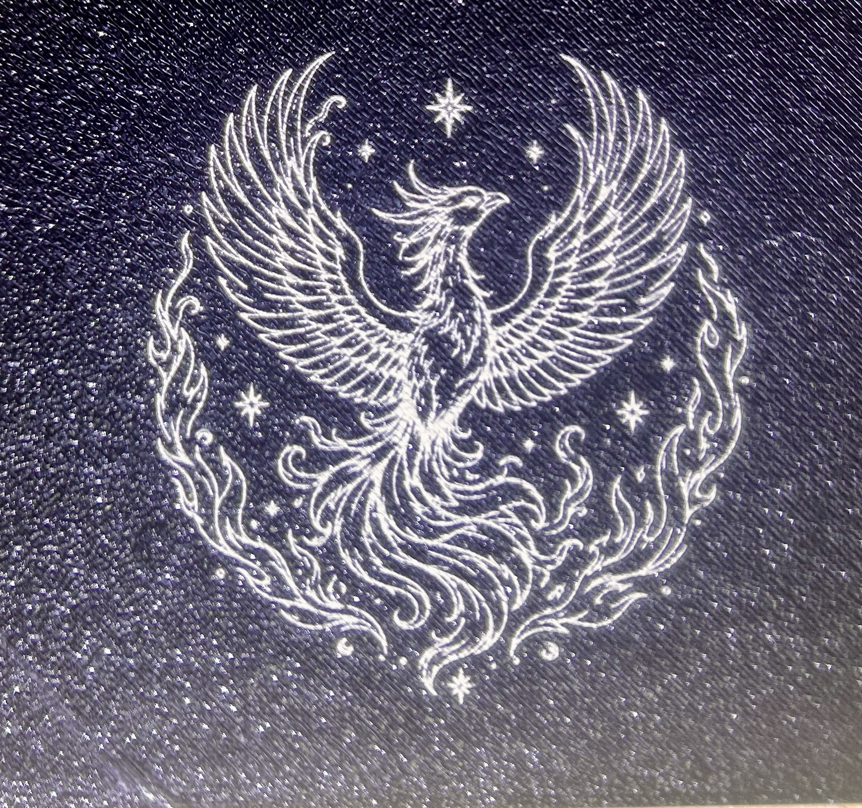 Phoenix laser graphic on black printed plastic